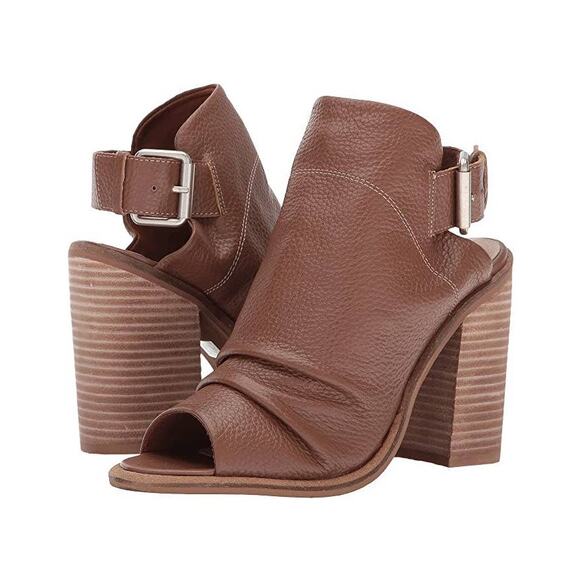 Kelsi Dagger | Brooklyn's Metro Light Brown Leather Block Heel Peep Toe Shooties - Picture 1 of 10